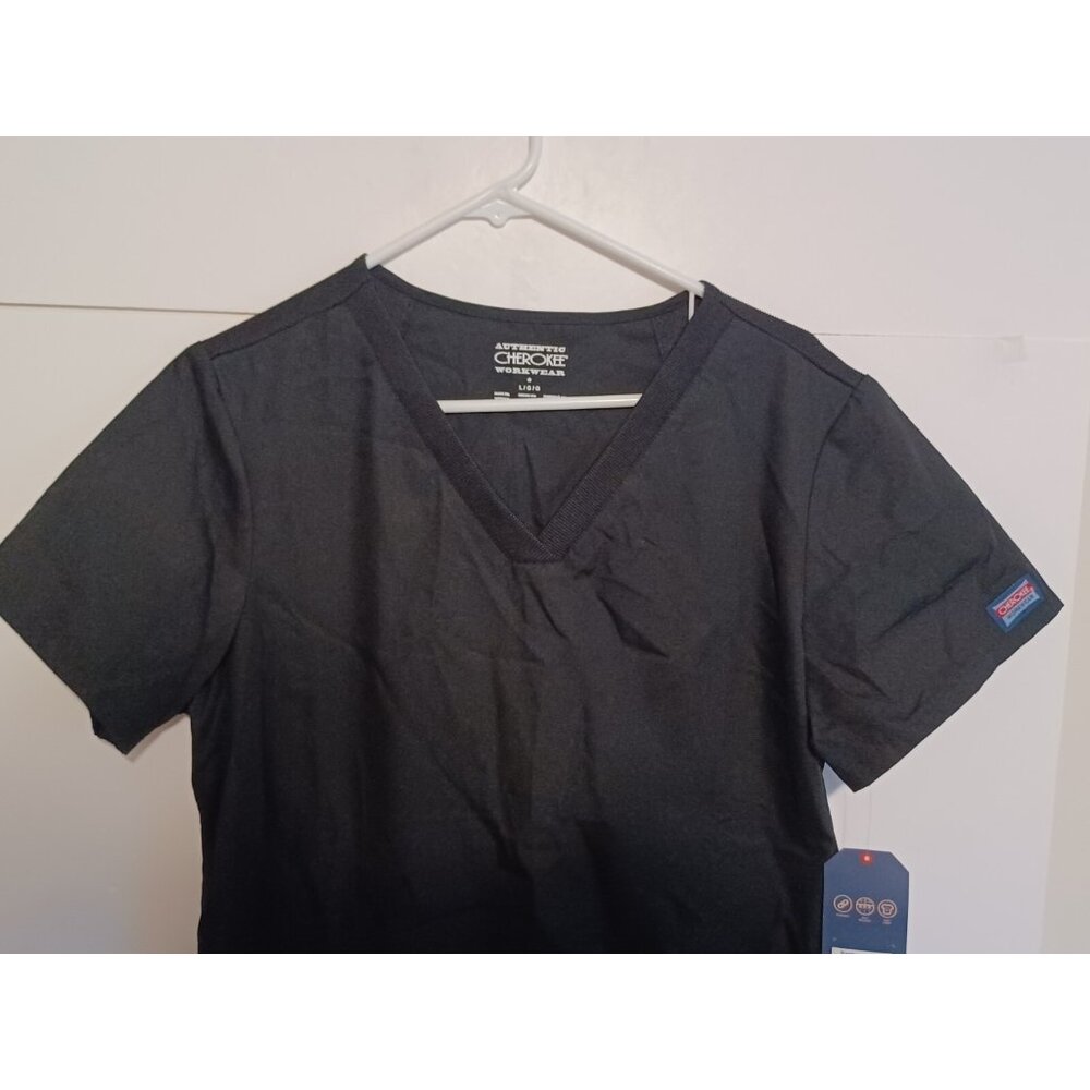 Cherokee NEW With Tags Scrub Top Womens L Black Rib Knit Panels Pockets WW645 - Picture 6 of 7